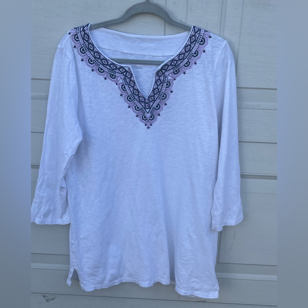 Talbots Tee Shirt Top 3/4 Sleeve White Embroidered 100% Cotton Knit L
